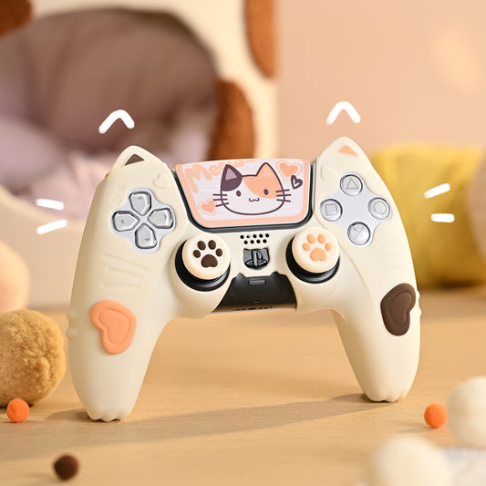 GeekShare Calico Cat PS5 skin with playful design on DualSense controller, featuring cute paw prints and cat graphics.