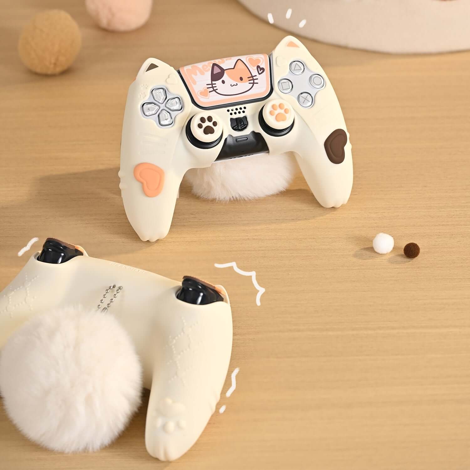 Cute GeekShare Calico Cat PS5 Skin on DualSense controller with non-slip silicone and stylish design.