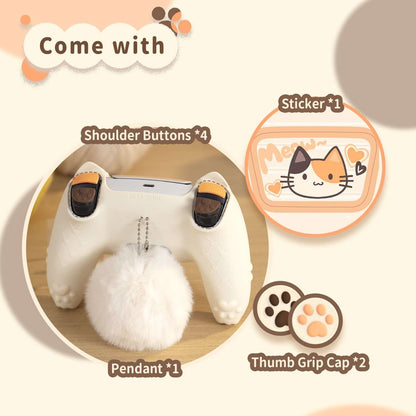 GeekShare Calico Cat PS5 Skin accessories including shoulder buttons, thumb grip caps, cat sticker, and fluffy pendant.