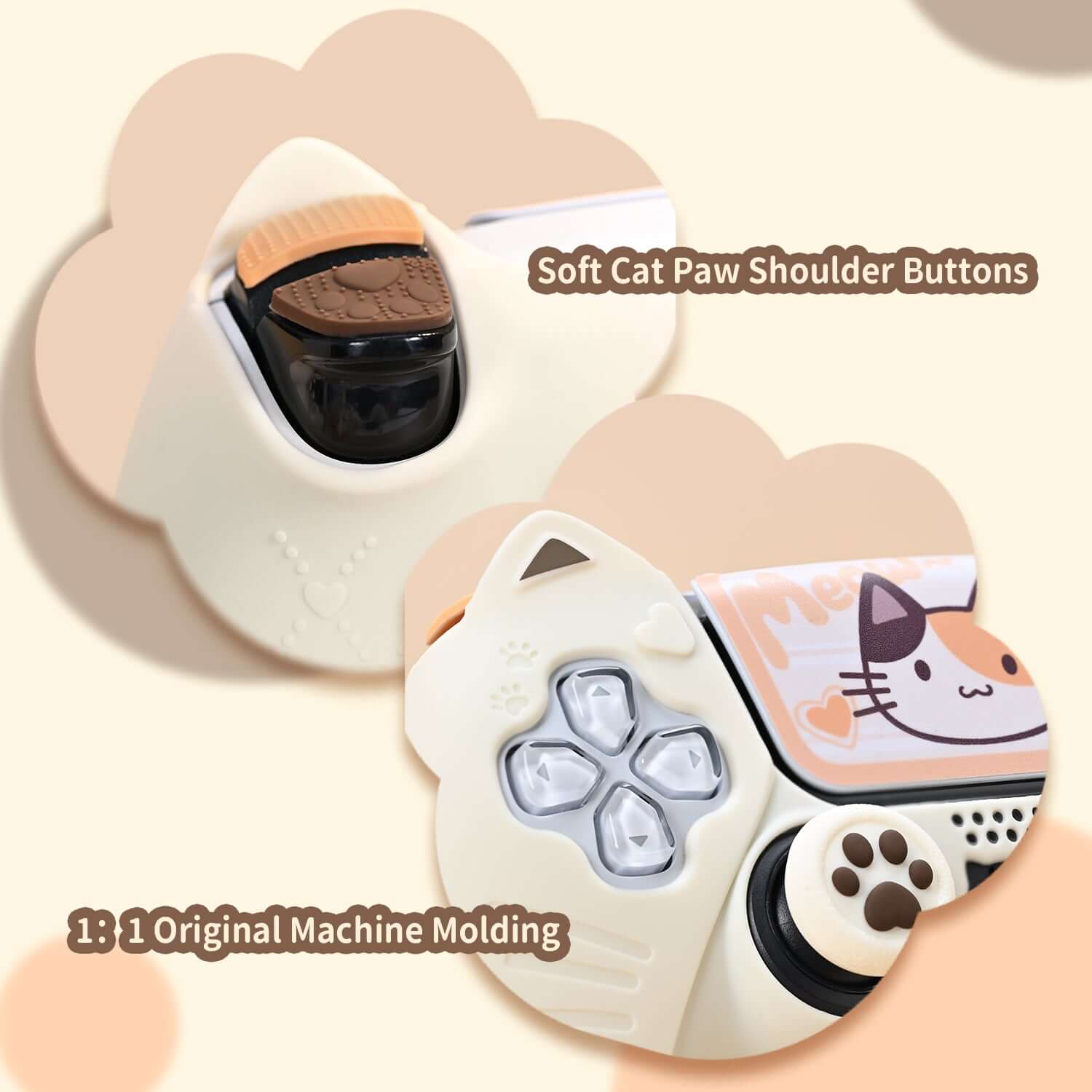 PS5 controller with GeekShare Calico Cat skin featuring soft cat paw shoulder buttons and original machine molding design.